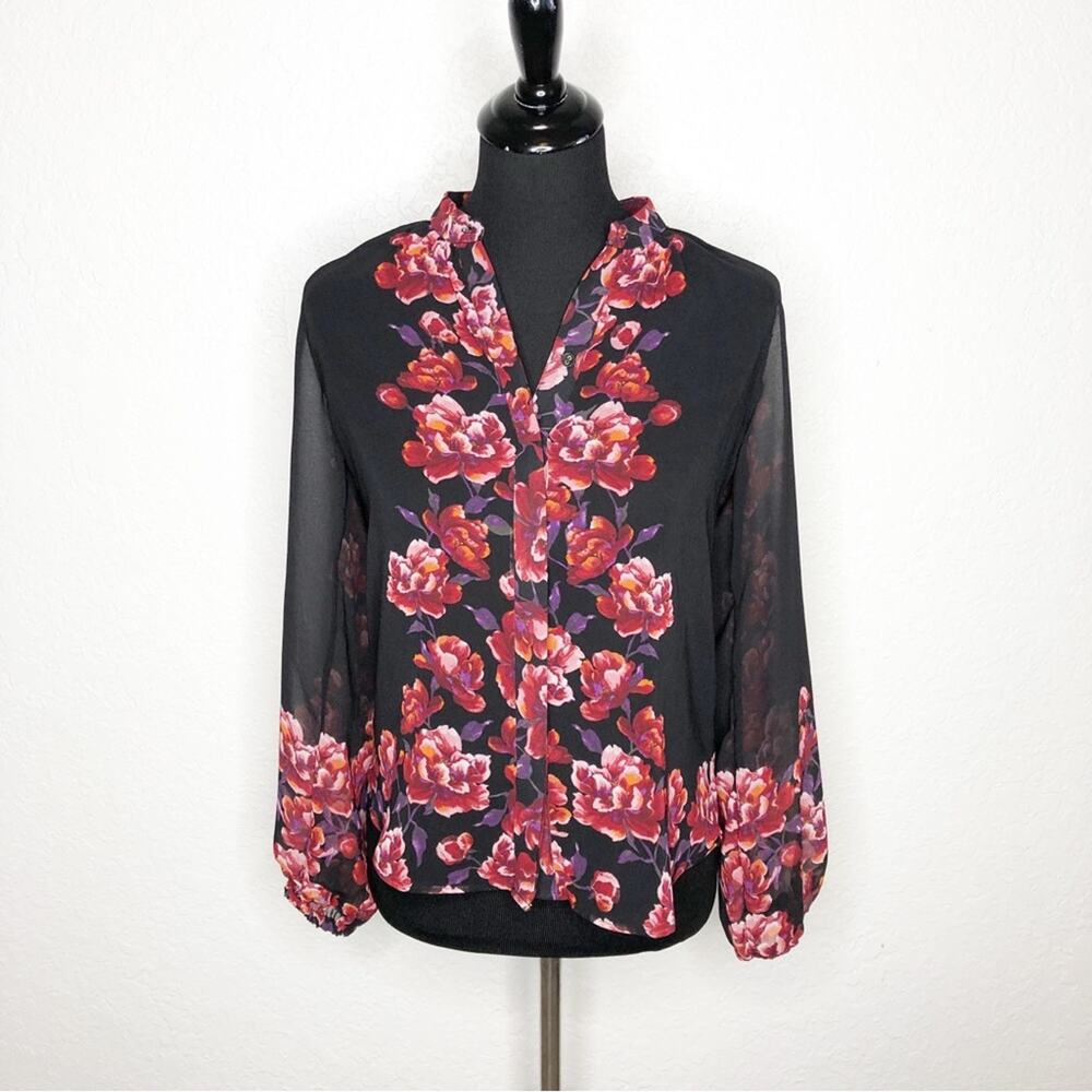 WHBM black red floral sheer button down top size Small Petite SP